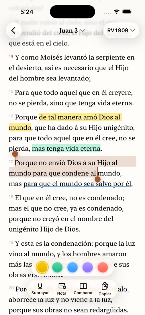 Lector de la Biblia con subrayados parciales en Juan 3