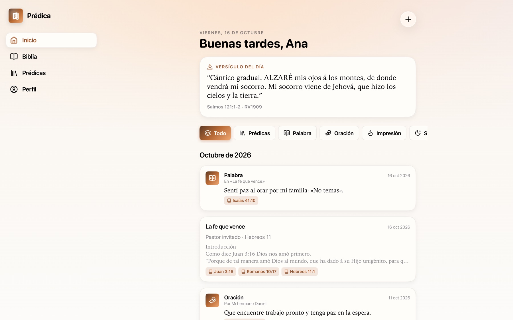 Prédica en el navegador: Inicio con el versículo del día y el diario
